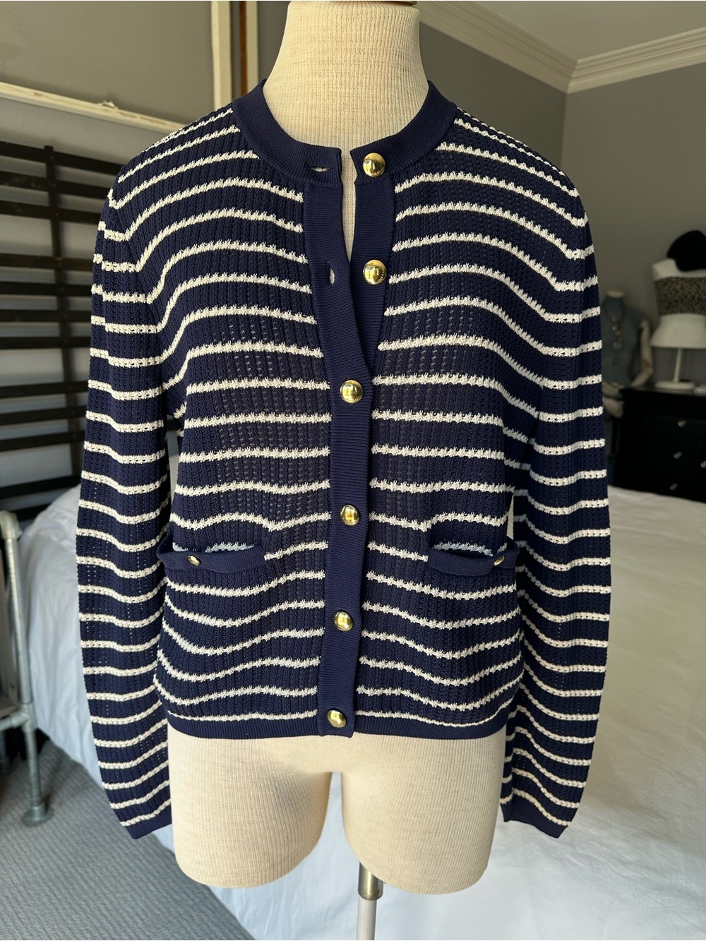 rag & bone Navy and White Striped Gold-Button Cardigan, size medium